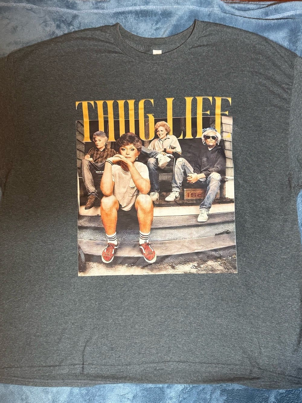 Gildan Charcoal Graphic Tee with Yellow 'THUG LIFE' Print